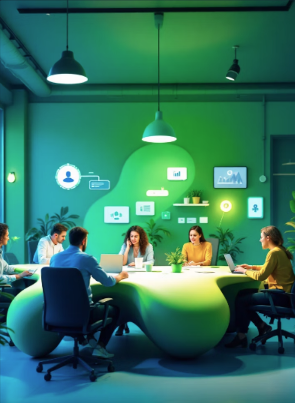 Modern business team collaborating in a meeting room with ComUnify® Cloud Telephony System